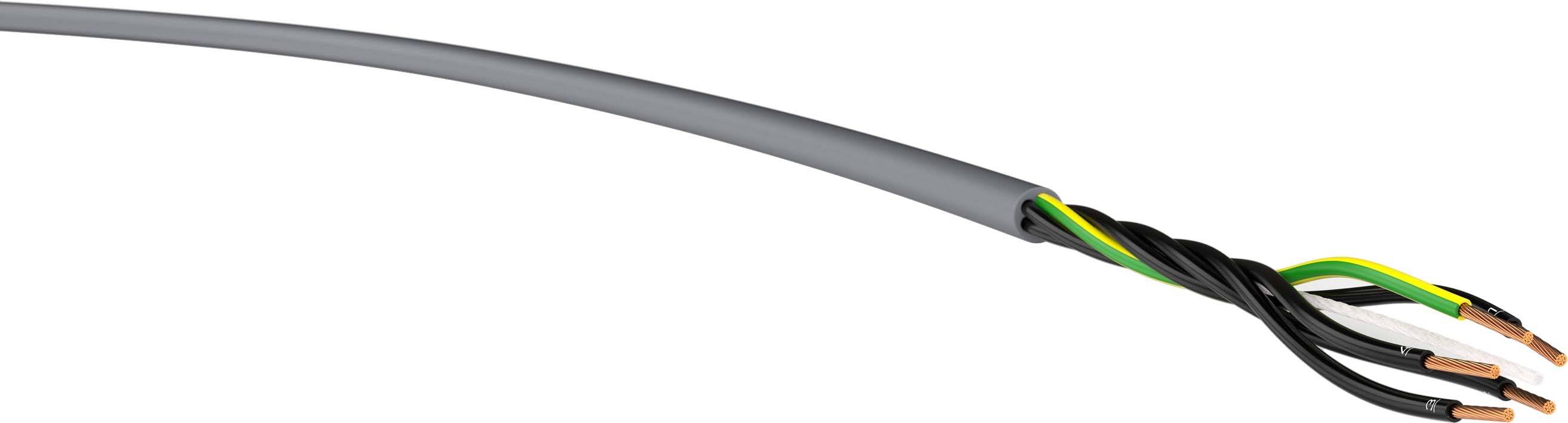 Ilustracja szarego przewodu elektrycznego z wieloma kolorowymi żyłami, w tym czarnymi, zielono-żółtymi i białymi.