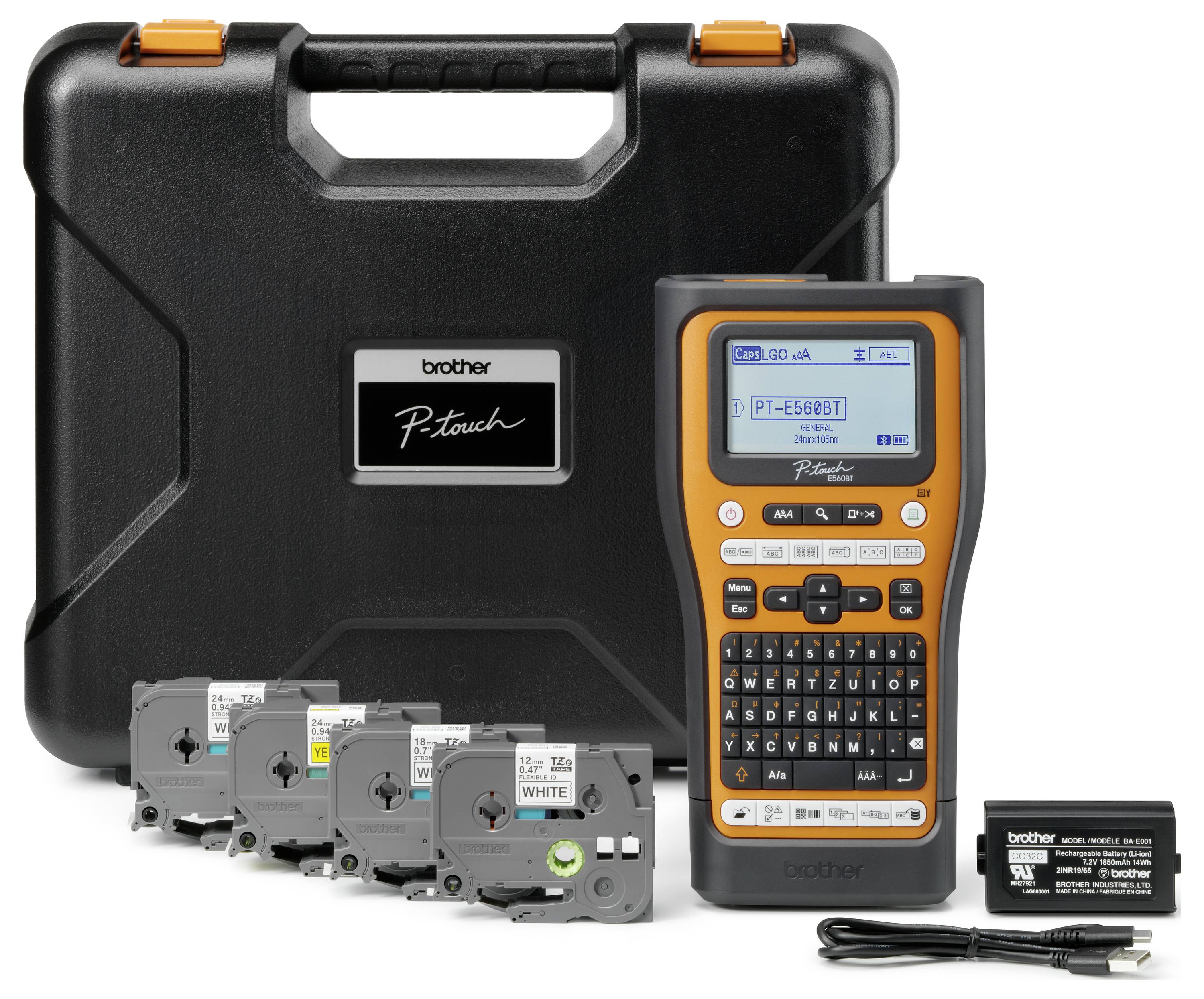 Принтер етикеток Brother PTE560BTSPRG1, сумісний з: стрічками TZe, HSe