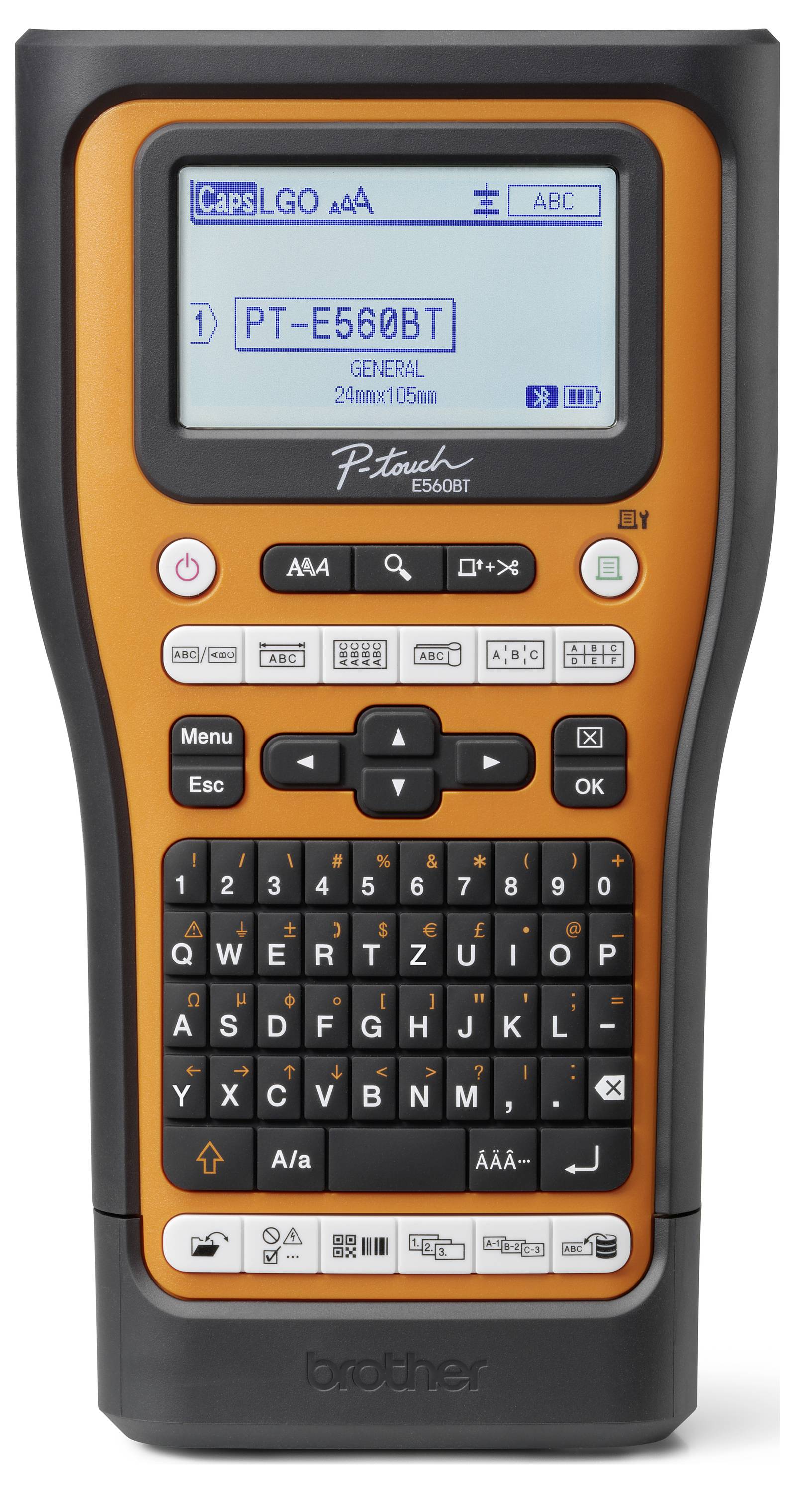 Drukarka etykiet z podświetlanym wyświetlaczem LCD, klawiaturą QWERTZ i przyciskami nawigacyjnymi. Wyświetla numer modelu PT-E560BT.
