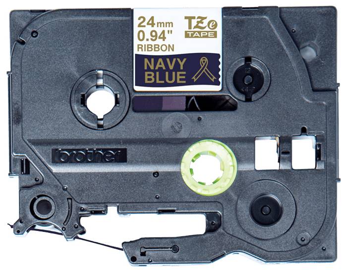 Kaseta z taśmą do drukarki etykiet Brother w kolorze granatowym, oznaczona '24 mm 0,94'' Wstążka TZe Tape GRANATOWY'.
