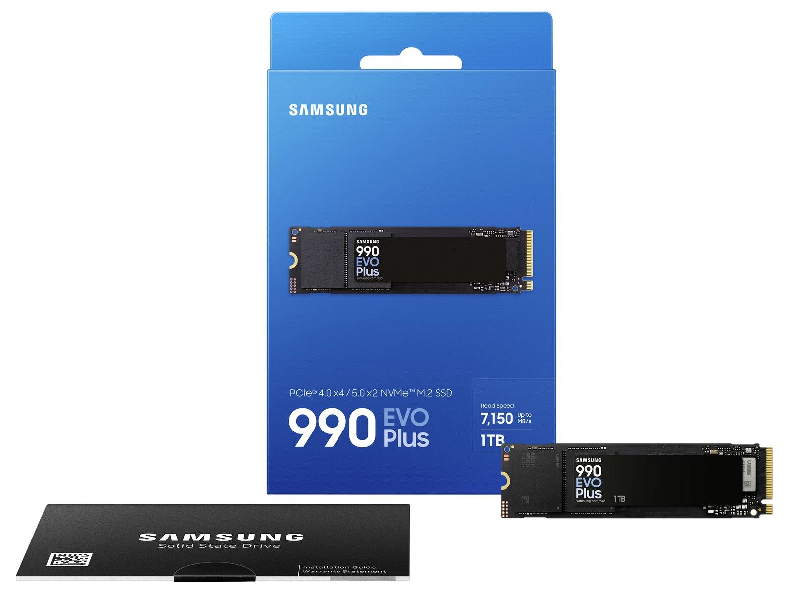 Obraz przedstawia dysk SSD Samsung 990 EVO Plus o pojemności 1 TB, zaprezentowany w niebieskim opakowaniu. Prędkość transferu danych do 7.150 MB/s.