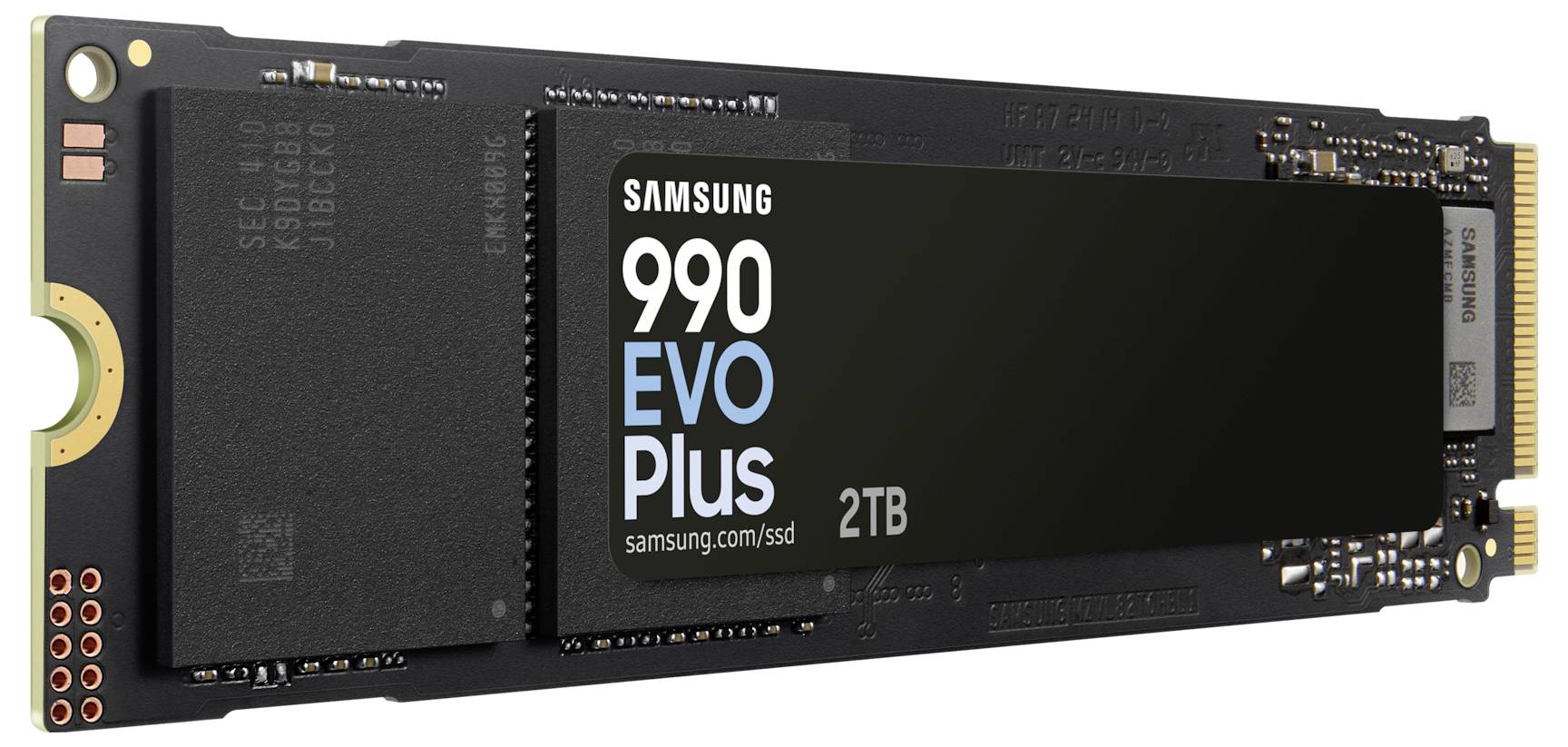 Dysk SSD Samsung 990 EVO Plus o pojemności 2 TB. Smukła, czarna pamięć masowa zapewniająca szybkie przechowywanie i przetwarzanie danych.