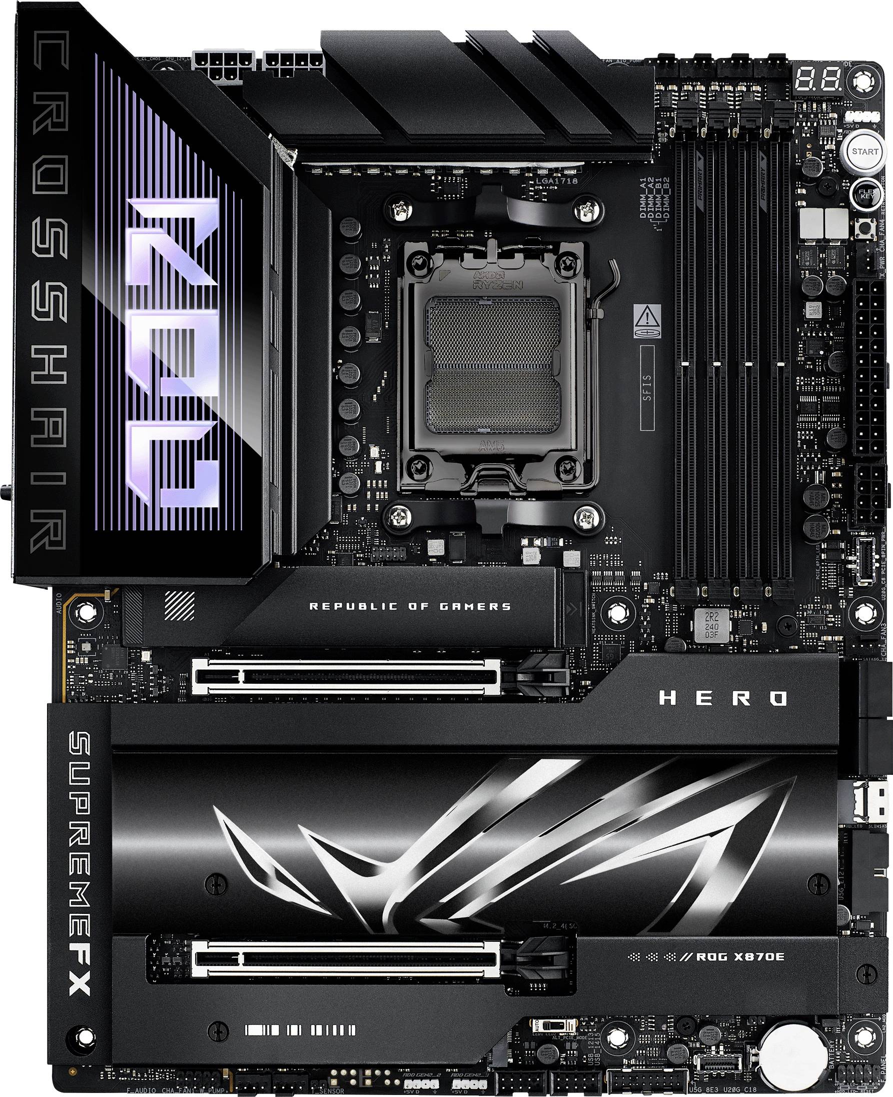 Obraz przedstawia płytę główną komputera, oznaczoną napisami 'Crosshair', 'ROG', 'SupremeFX' i 'Hero'. Widoczne są gniazda procesora oraz sloty rozszerzeń.