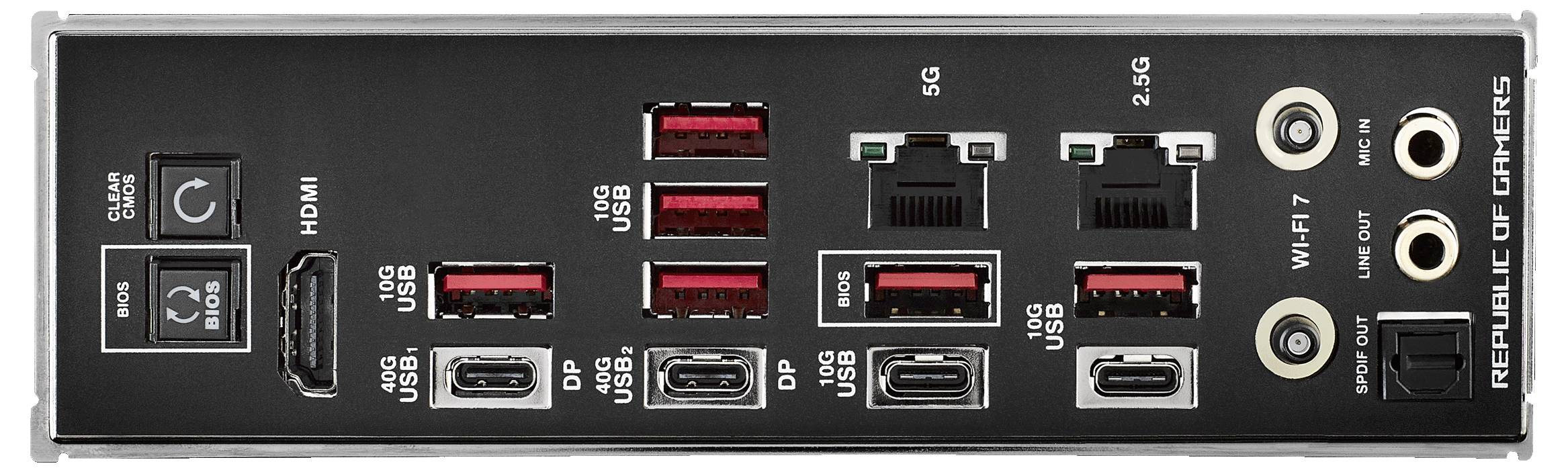 Tylna strona płyty głównej komputera z różnymi złączami: kilkoma portami USB, HDMI, Ethernetem, gniazdami audio oraz złączami anten WiFi.