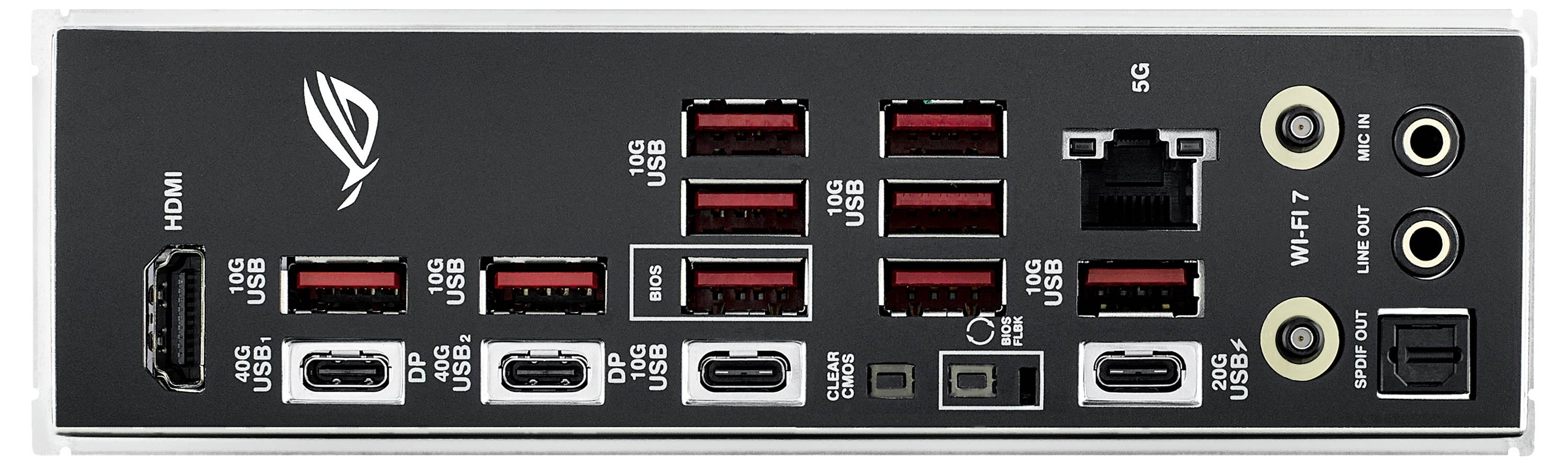 Tylna strona płyty głównej komputera z gniazdami HDMI, USB, Ethernet i audio. Widoczne oznaczenia WiFi 7 i 5G.