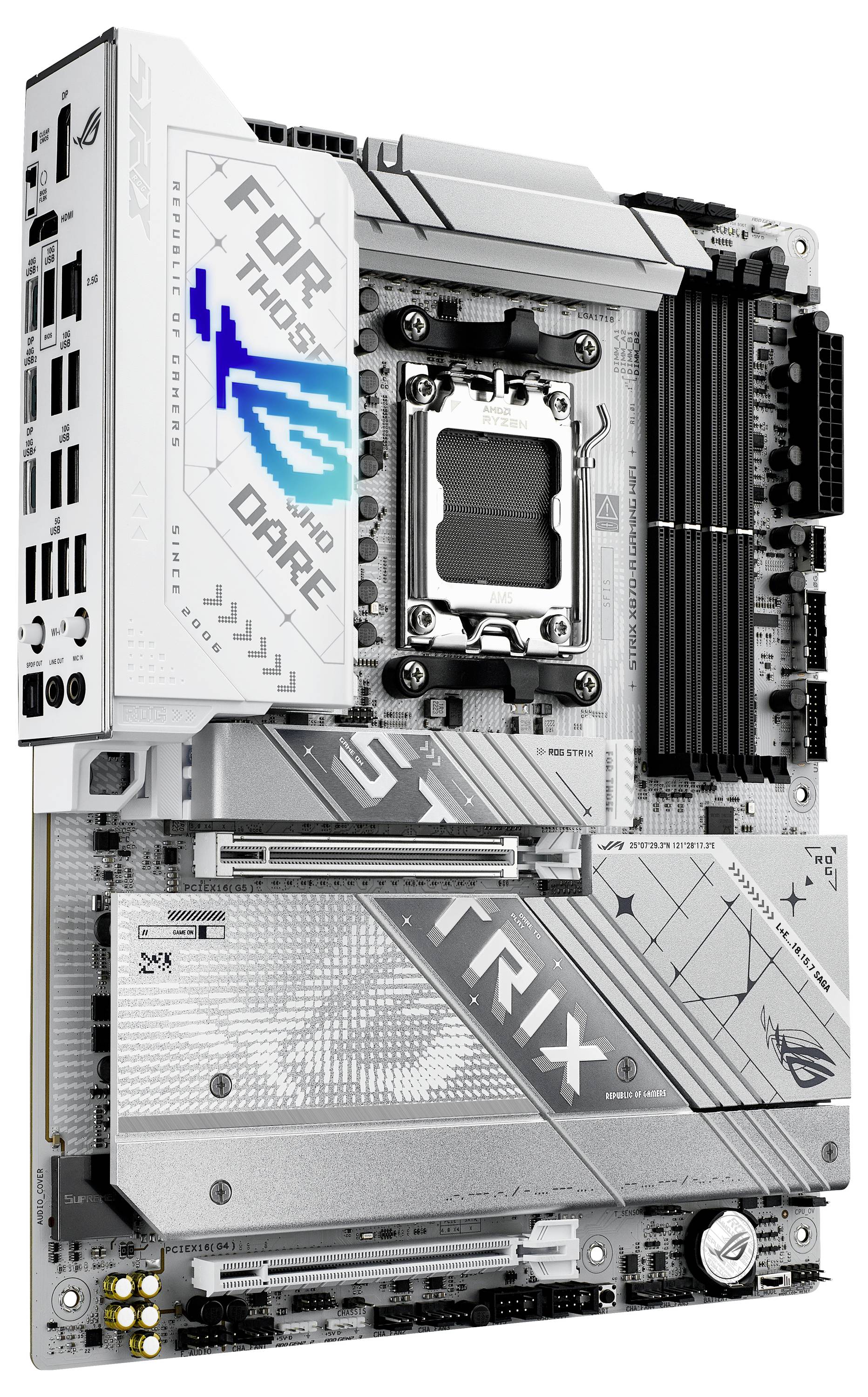 Biała płyta główna ASUS z napisem 'Dla tych, którzy się odważają'. Widoczne gniazdo procesora, różne złącza oraz radiatory.