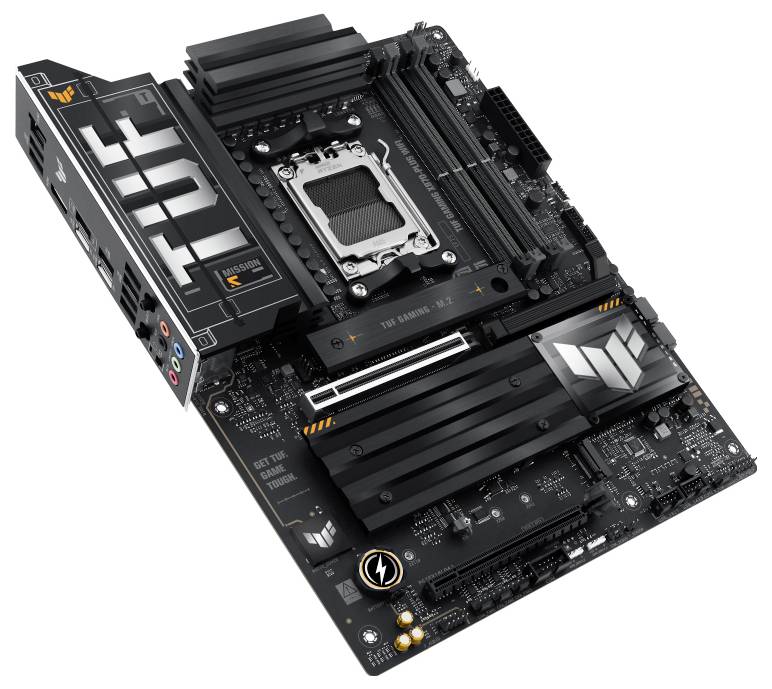 Czarna płyta główna ASUS TUF Gaming z wieloma slotami RAM, radatorami i złączami. Nadaje się do wydajnych zestawów komputerowych.