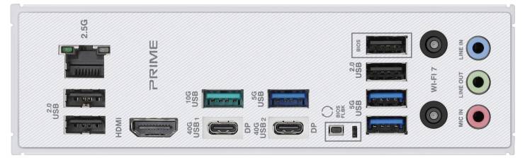 Tylna strona płyty głównej komputera z wieloma złączami: Ethernet, HDMI, porty USB w różnych kolorach, złącza audio i sieciowe.