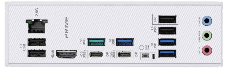 Tylna strona płyty głównej komputera z gniazdami: HDMI, Ethernet, USB, Audio. Na powierzchni wydrukowano napis 'PRIME'.