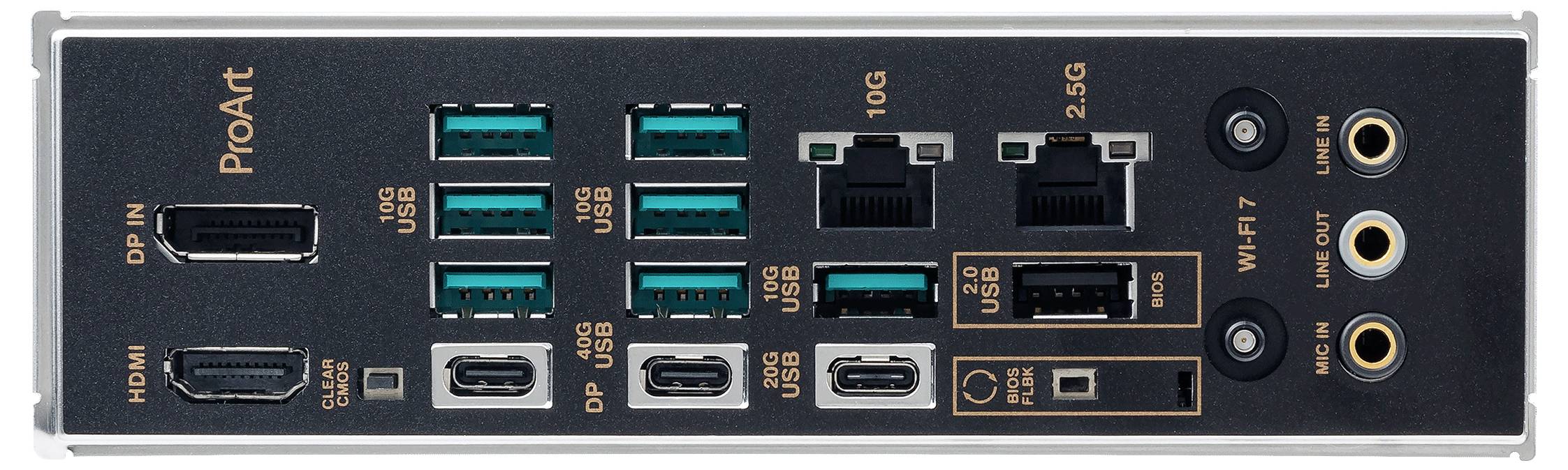 Tylna strona płyty głównej komputera z różnymi złączami, w tym HDMI, portami USB, Ethernetem i wyjściami audio.
