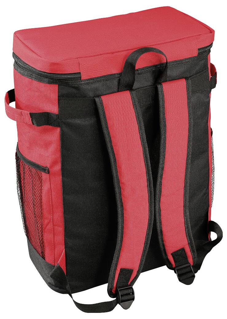 Czerwony i czarny plecak z zamkiem błyskawicznym, wzmocnionymi paskami i siatkowymi kieszonkami bocznymi. Idealny do aktywności na świeżym powietrzu.