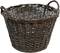 Pusty, okrągły kosz wykonany z brązowej plecionej wierzby z dwoma uchwytami.
