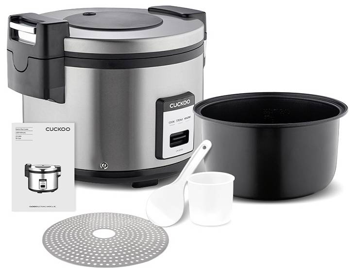 Elektryczny garnek do ryżu z wyjmowanym wewnętrznym garnkiem, miarką, łyżką do ryżu, wkładem do gotowania na parze i instrukcją obsługi.