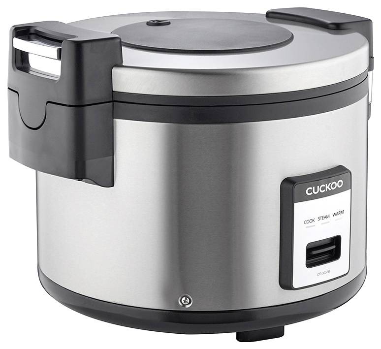 Srebrny elektryczny garnek do ryżu z czarnym uchwytem i elementami sterującymi. Nazwa marki widoczna na przedniej stronie.