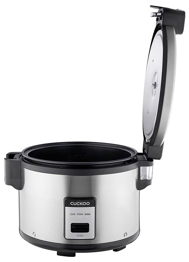 Elektryczny ryżowar ze stali nierdzewnej z otwartą pokrywą. Przód pokazuje panel sterowania z przyciskami 'Gotowanie', 'Podtrzymywanie temperatury'.