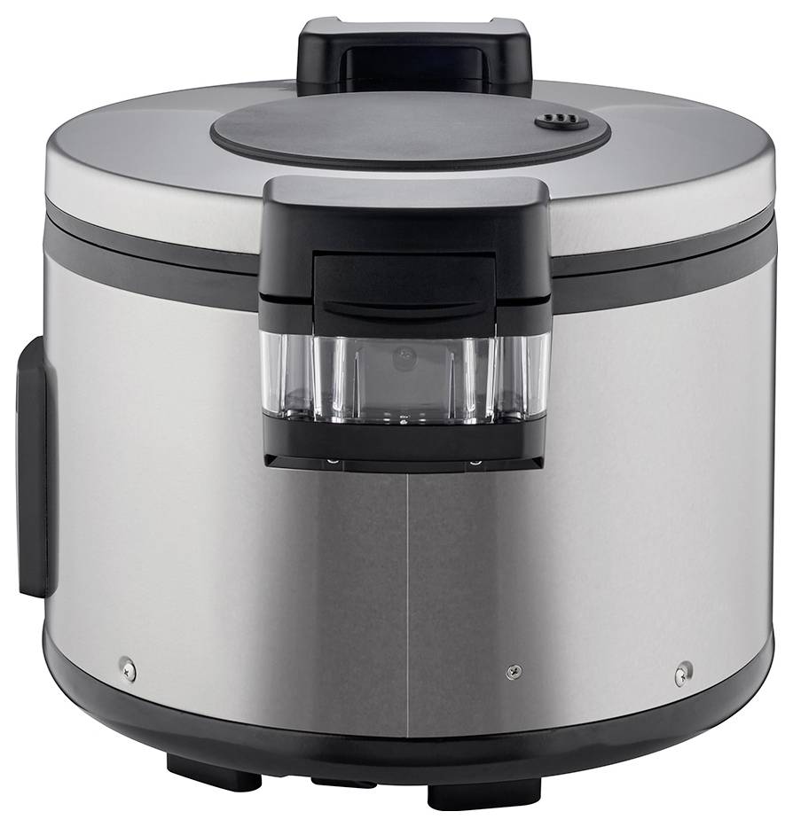 Duży, srebrny ryżowar metalowy z elementami z tworzywa sztucznego, z bocznymi okienkami kontrolnymi oraz solidnym uchwytem na górze.