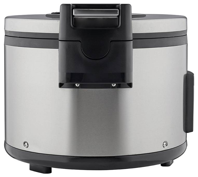 Srebrny ryżowar z czarną pokrywą i uchwytem. Odpowiedni do gotowania ryżu w dużych ilościach.