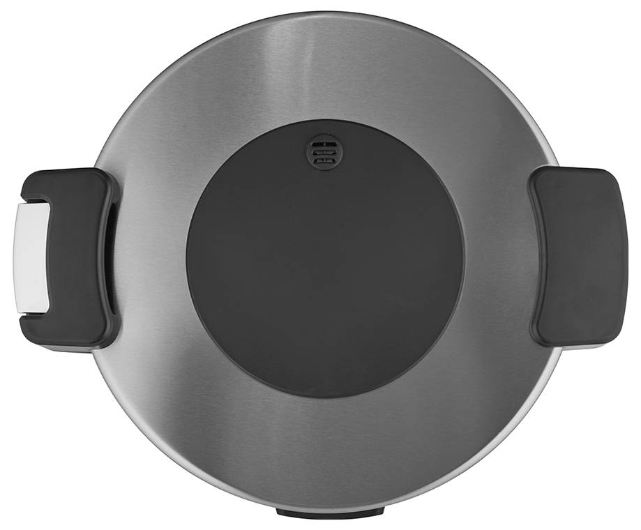 Stalowa pokrywa garnka z dwoma czarnymi uchwytami, widziana z góry.