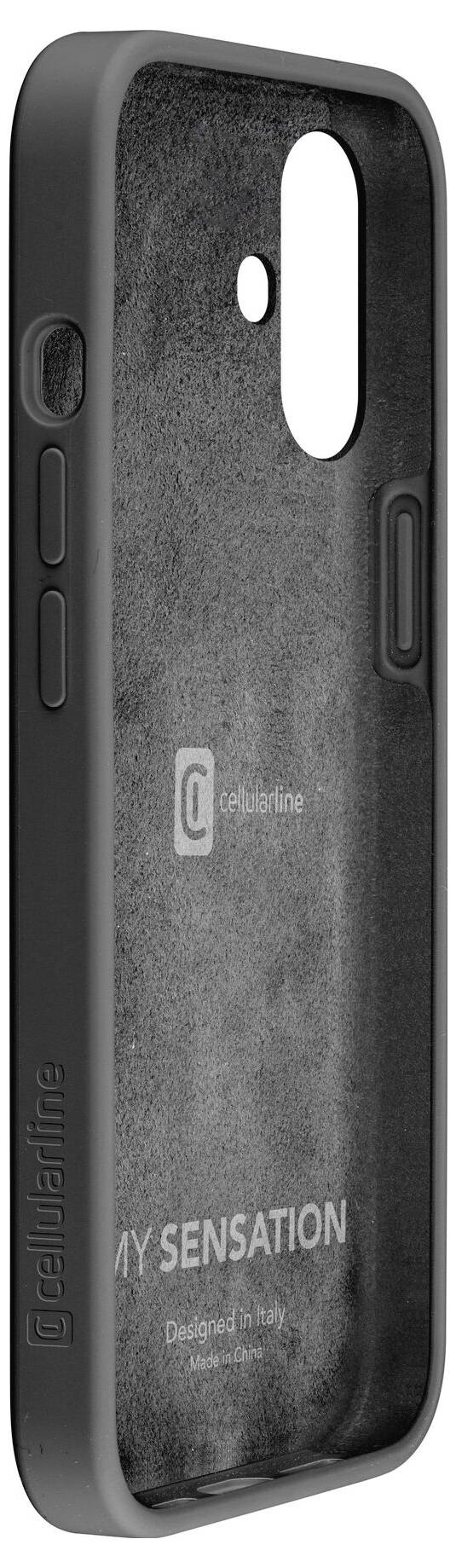 Czarne etui na telefon z logo marki i napisem 'Design in Italy'. Duży otwór na aparat; przyciski po lewej stronie.