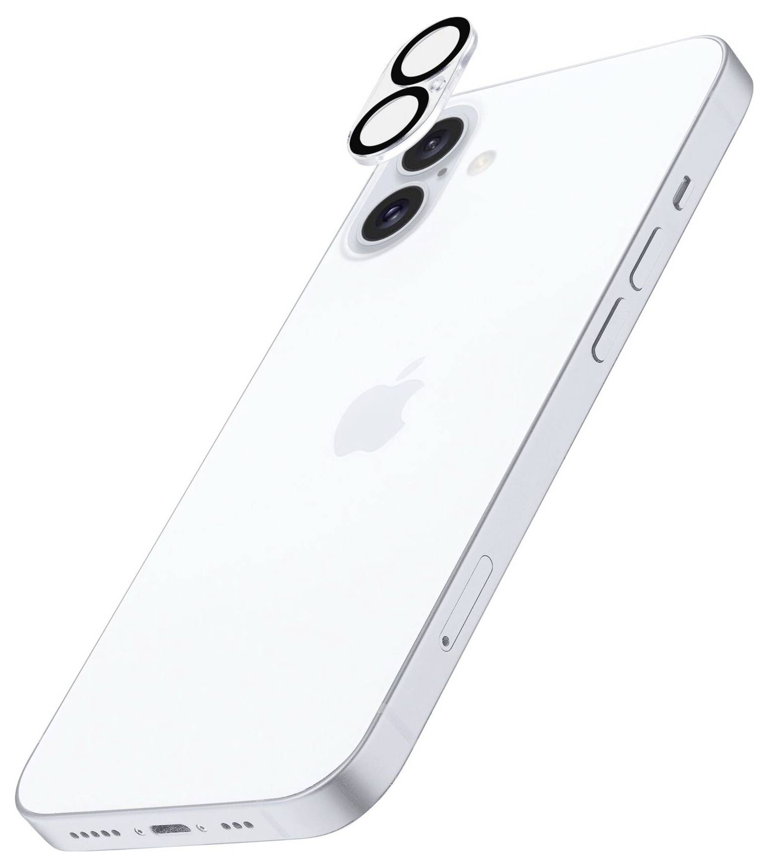 Biała tylna strona nowoczesnego smartfona z dwoma obiektywami aparatu i modułem lampy błyskowej w lewym górnym rogu. Logo Apple na środku.