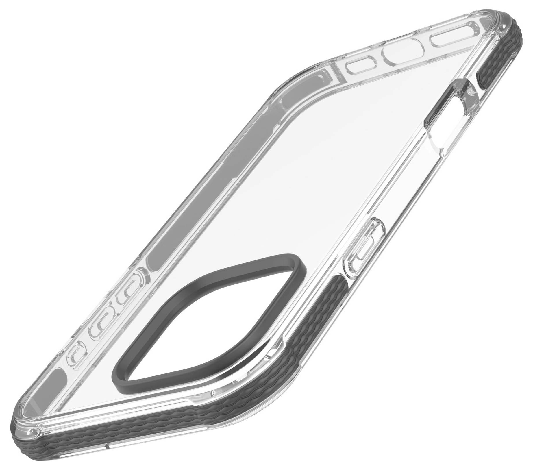 Przezroczyste etui na telefon z wzmocnionymi rogami oraz wycięciami na przyciski i aparat, pokazane w skosnym widoku z góry.