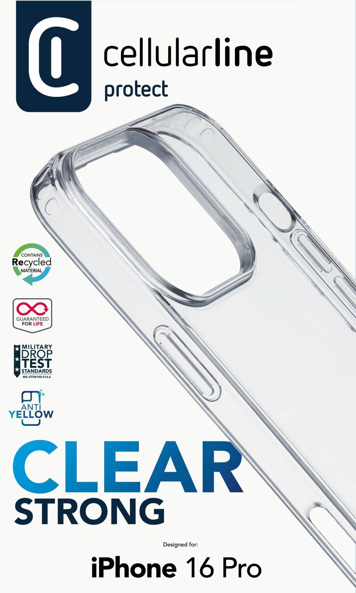 Przezroczyste etui na telefon 'Clear Strong' firmy Cellularline dla iPhone 16 Pro; odporne na wstrząsy, odporne na żółknięcie, wykonane z materiału z recyklingu.