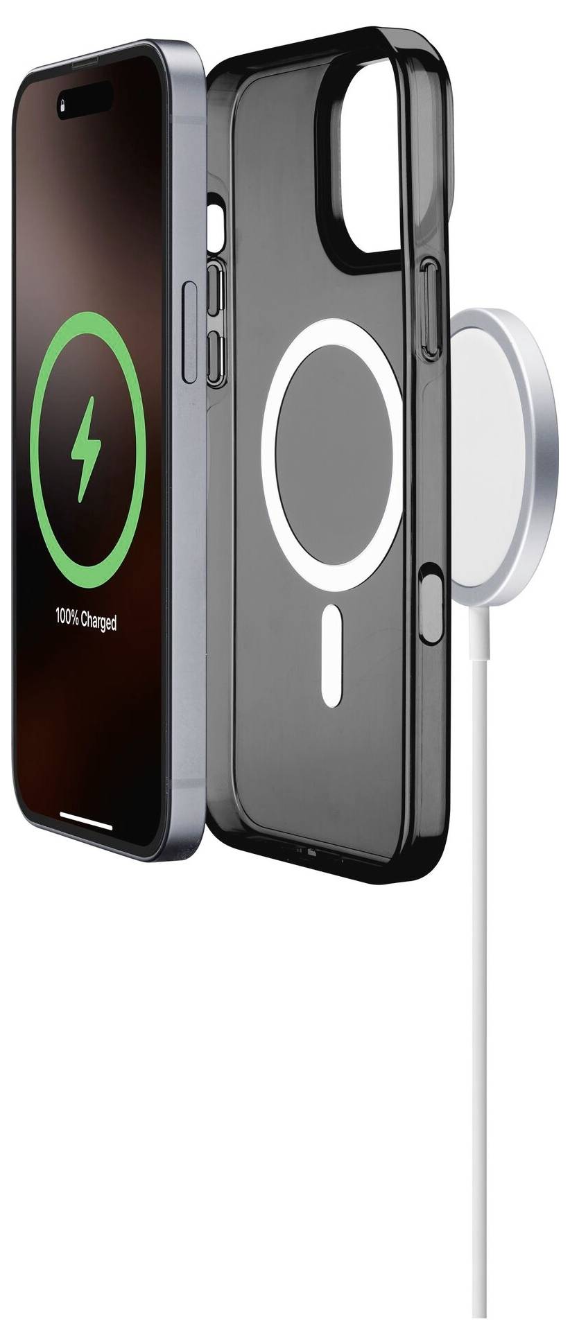 iPhone z podwyższonym poziomem naładowania za pomocą ładowarki MagSafe; przezroczyste etui pokazuje kierunek ładowania i punkt podłączenia.