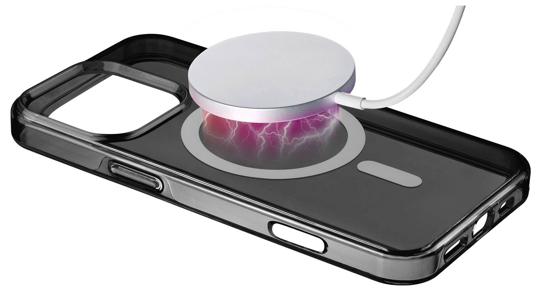 Bezprzewodowa ładowarka ładuje smartfon w czarnym etui.