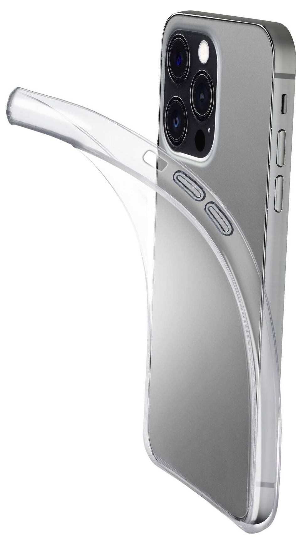 Przezroczyste, elastyczne etui na smartfona, które mocuje się na tylnej części telefonu komórkowego, z dedykowanymi wycięciami na aparat i przyciski.