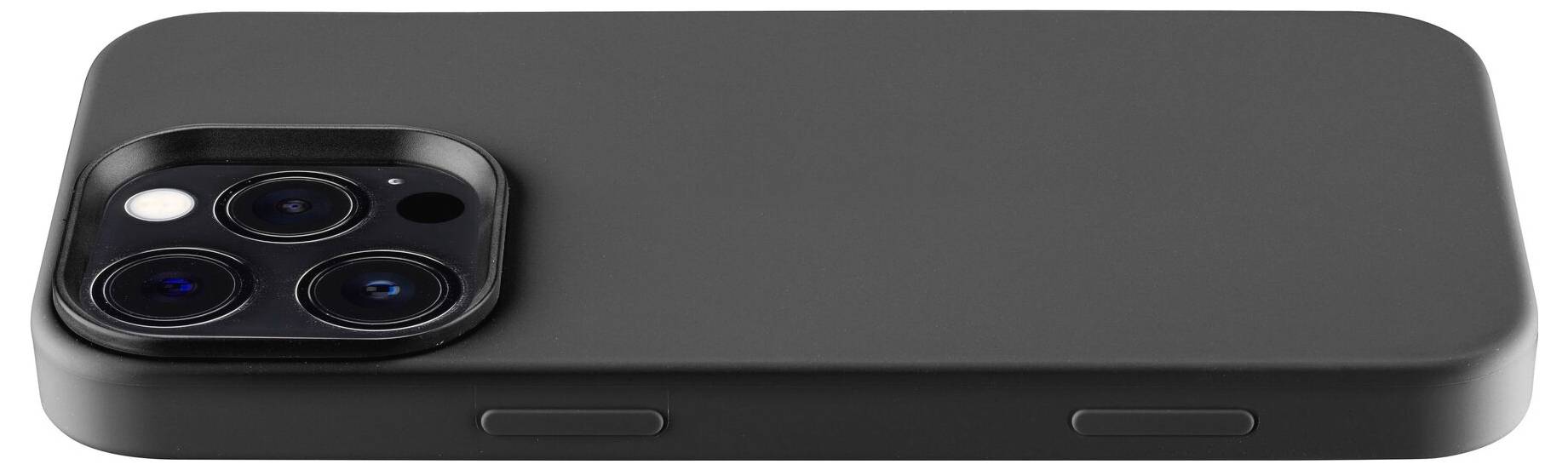 Czarny smartfon widziany od tyłu z trzema obiektywami kamery i lampą błyskową w lewym górnym rogu na białym tle.