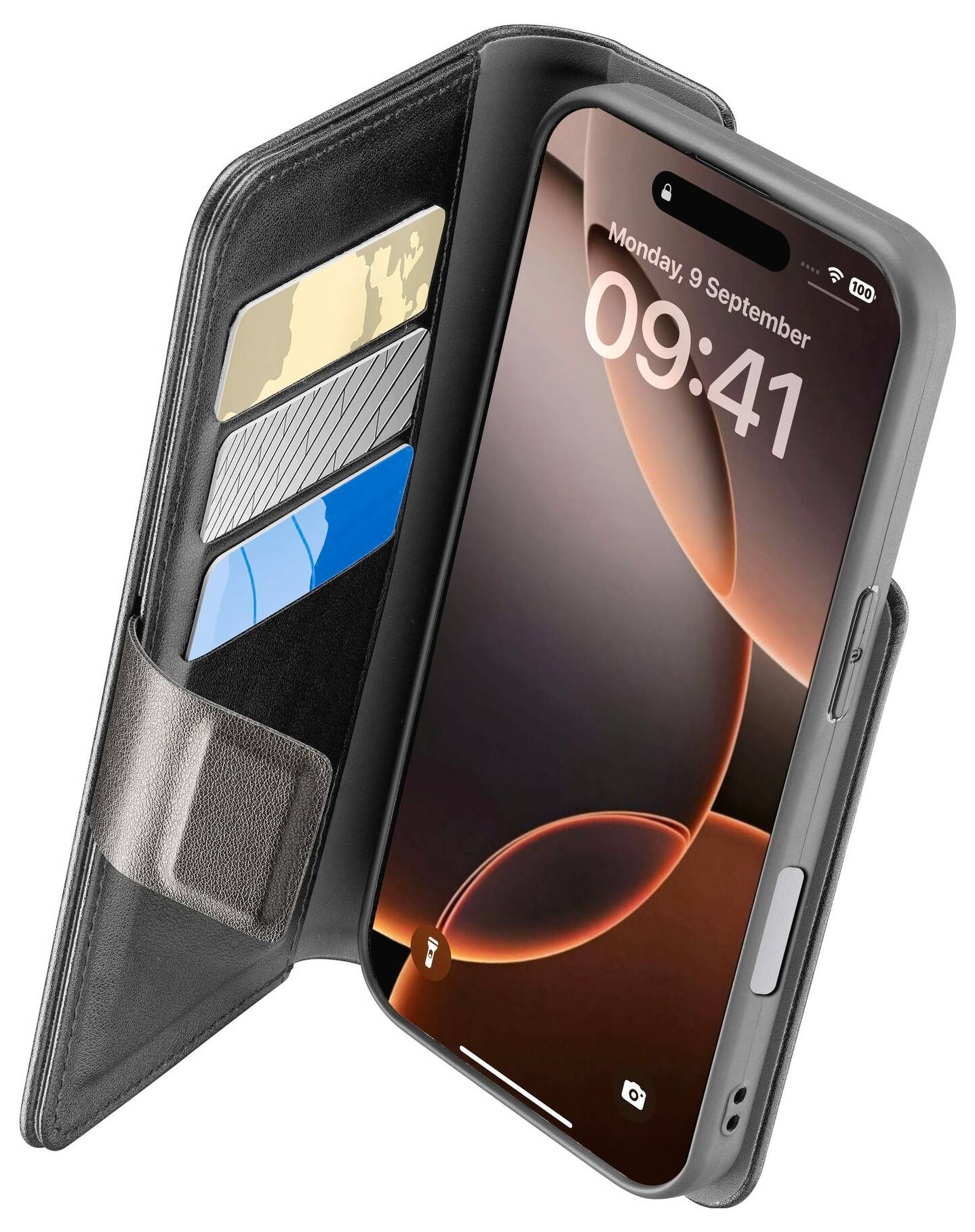 Smartfon w czarnym etui z przegródkami na karty, zawierającymi karty kredytowe. Ekran wyświetla godzinę i datę.