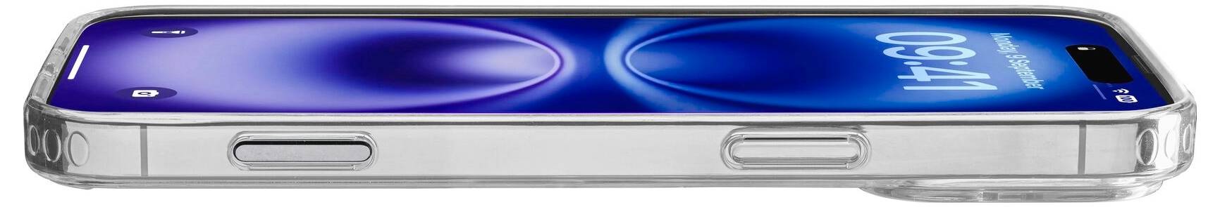 Smartfon z niebieskim ekranem, widok z boku przedstawiający przyciski regulacji głośności i obudowę. Godzina na wyświetlaczu: 09:41.