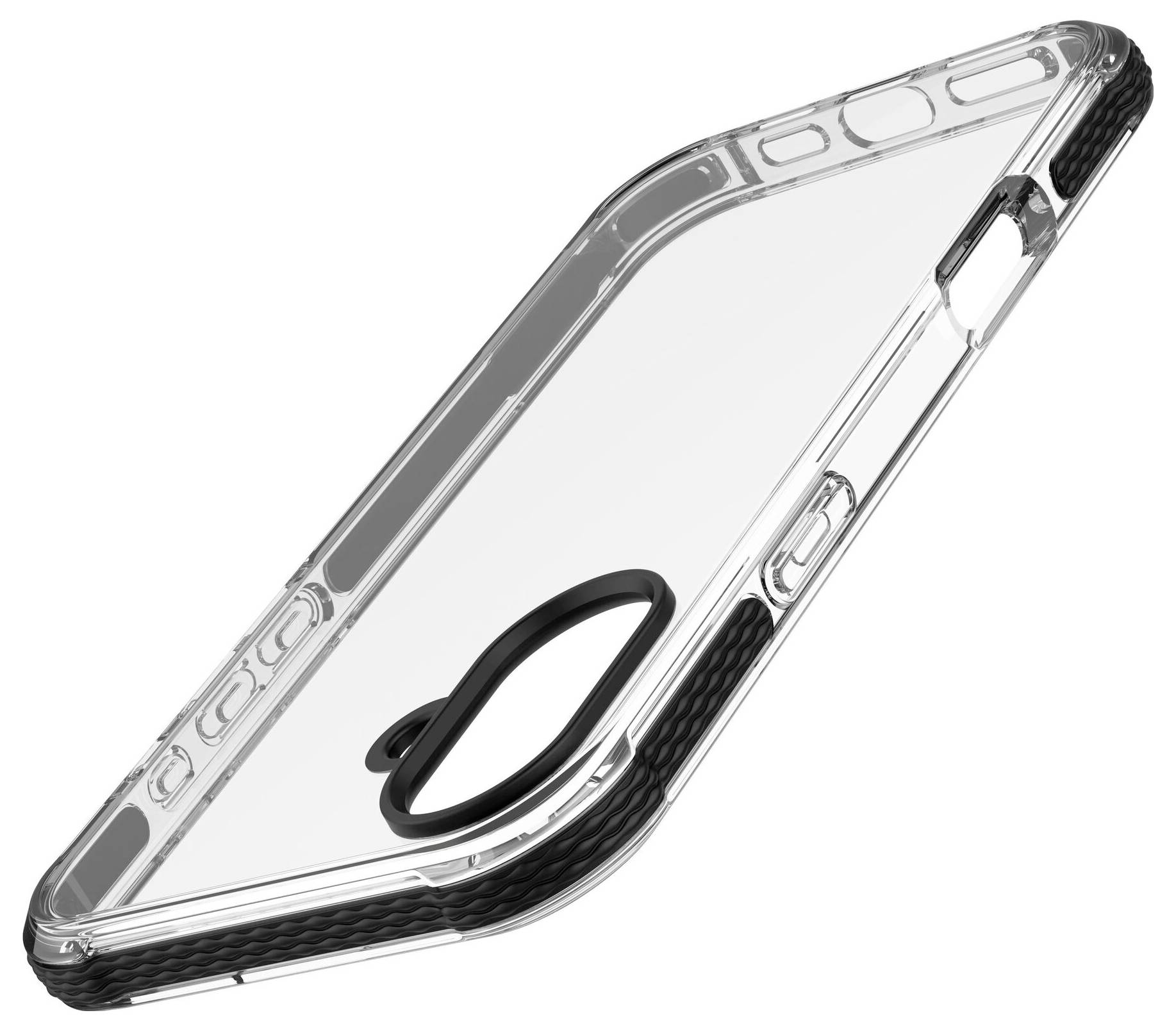 Przezroczyste etui na telefon z czarnymi akcentami, odpowiednie dla smartfona. Wyposażone w wzmocnione narożniki ochronne i precyzyjnie wykonane wycięcia.