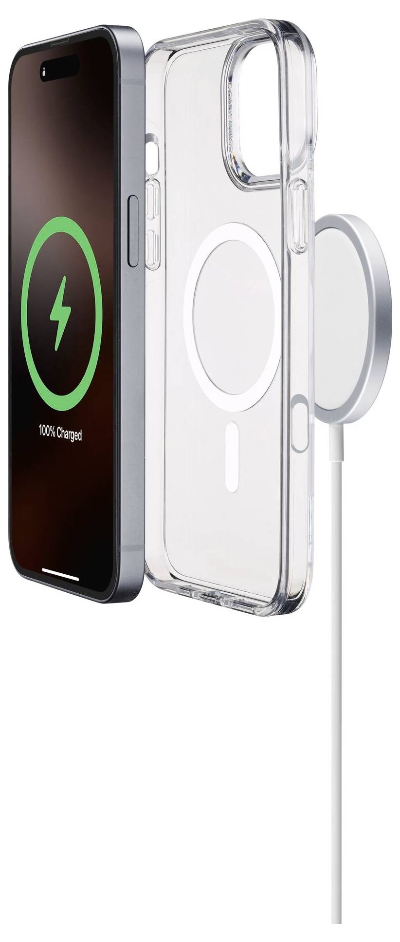 Smartfon w przezroczystym etui jest ładowany bezprzewodowo. Wskaźnik ładowania na wyświetlaczu pokazuje pełne naładowanie.