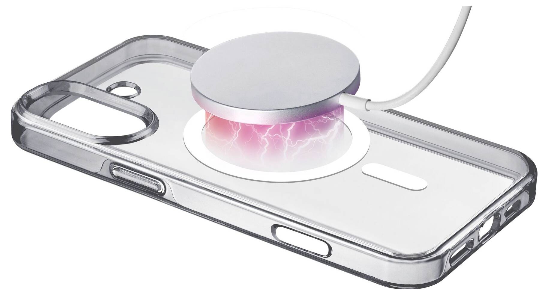 Bezprzewodowy adapter ładujący ładuje smartfon w przezroczystej obudowie. Świecenie sygnalizuje postęp ładowania.