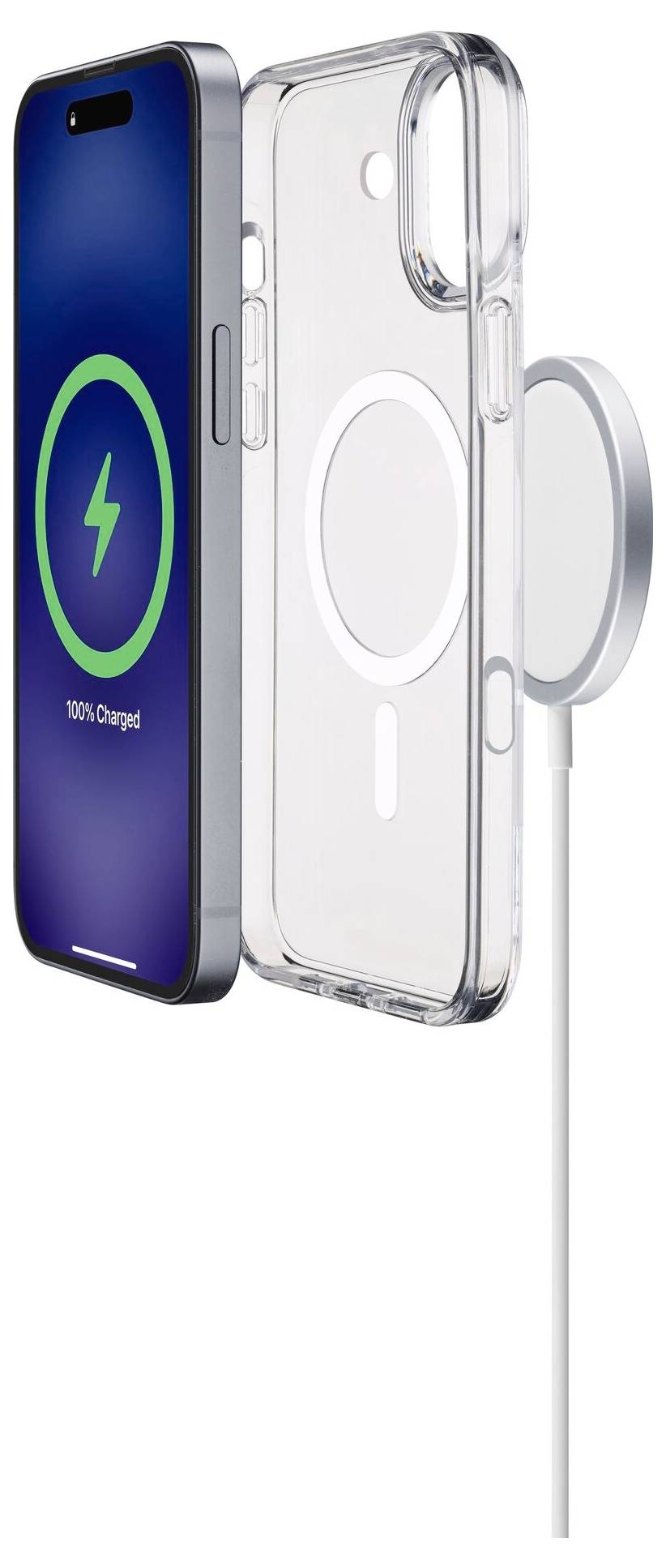 Smartfon z wskaźnikiem ładowania jest ładowany bezprzewodowo za pośrednictwem okrągłej ładowarki znajdującej się z tyłu. Widoczna jest przezroczysta obudowa.