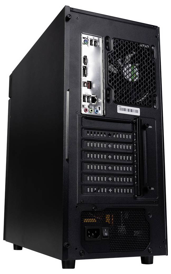 Czarny tower komputerowy jest zwrócony tylną ścianką, na której widoczne są różne złącza i kratki wentylacyjne.