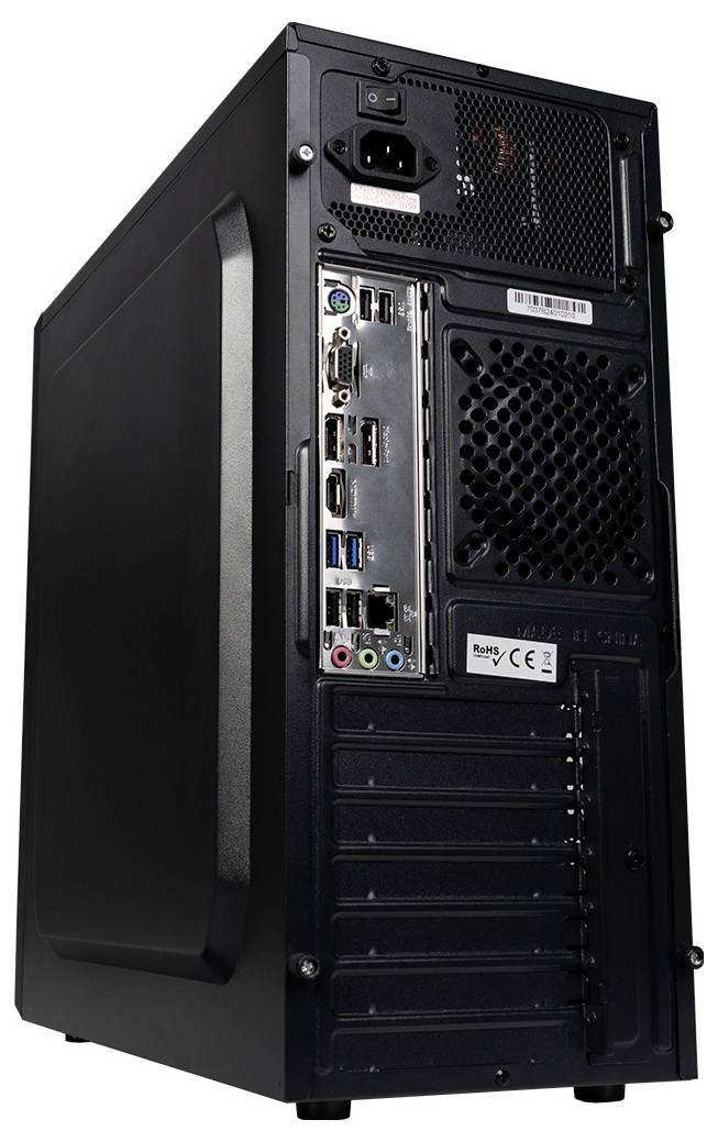 Obudowa komputera widziana od tyłu z podłączeniami, w tym złączami USB, HDMI, audio oraz gniazdem sieciowym.