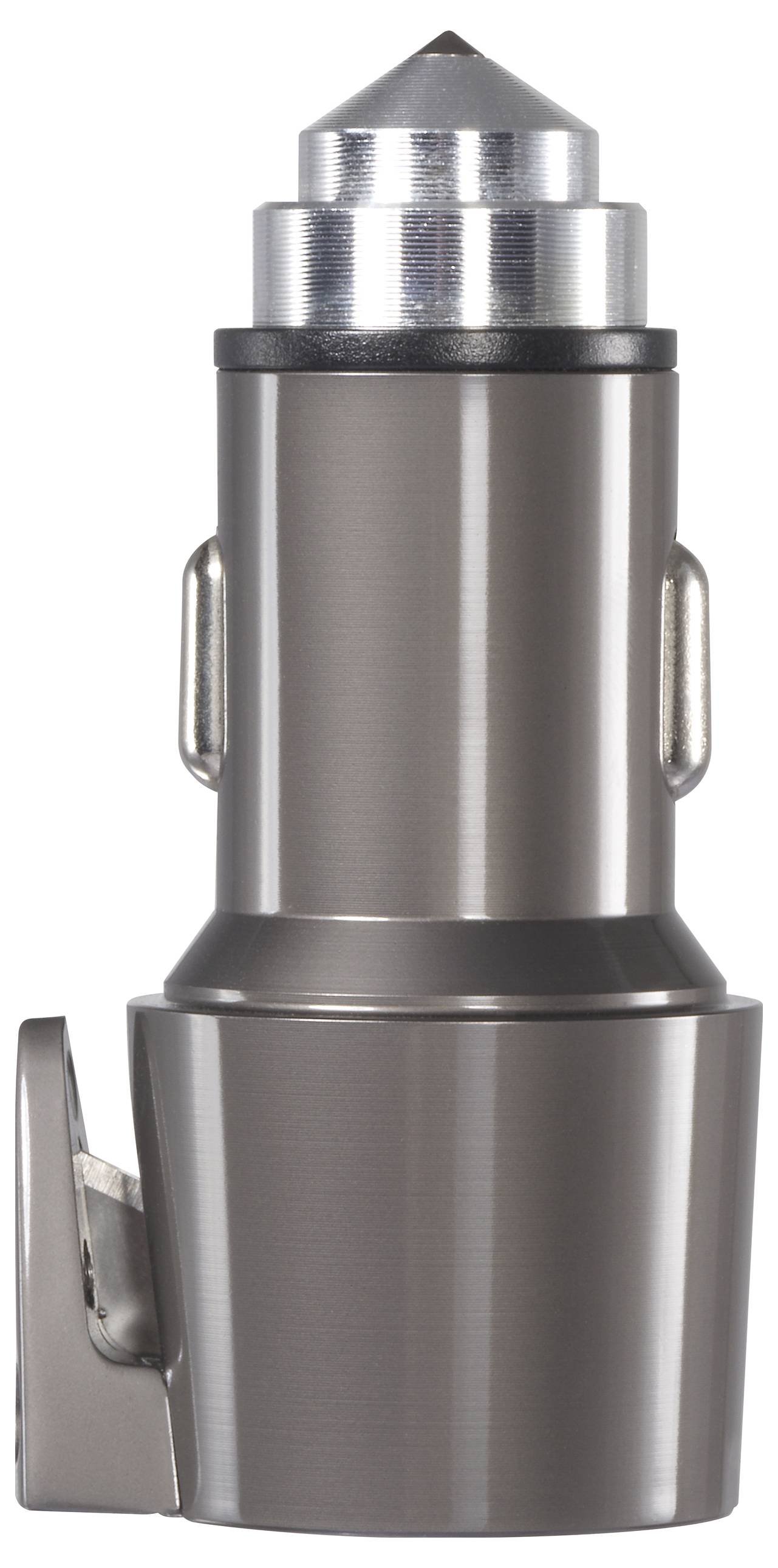 Srebrny, cylindryczny adapter ładujący do samochodu z metalowym końcem, który wkłada się do gniazda zapalniczki w pojeździe.