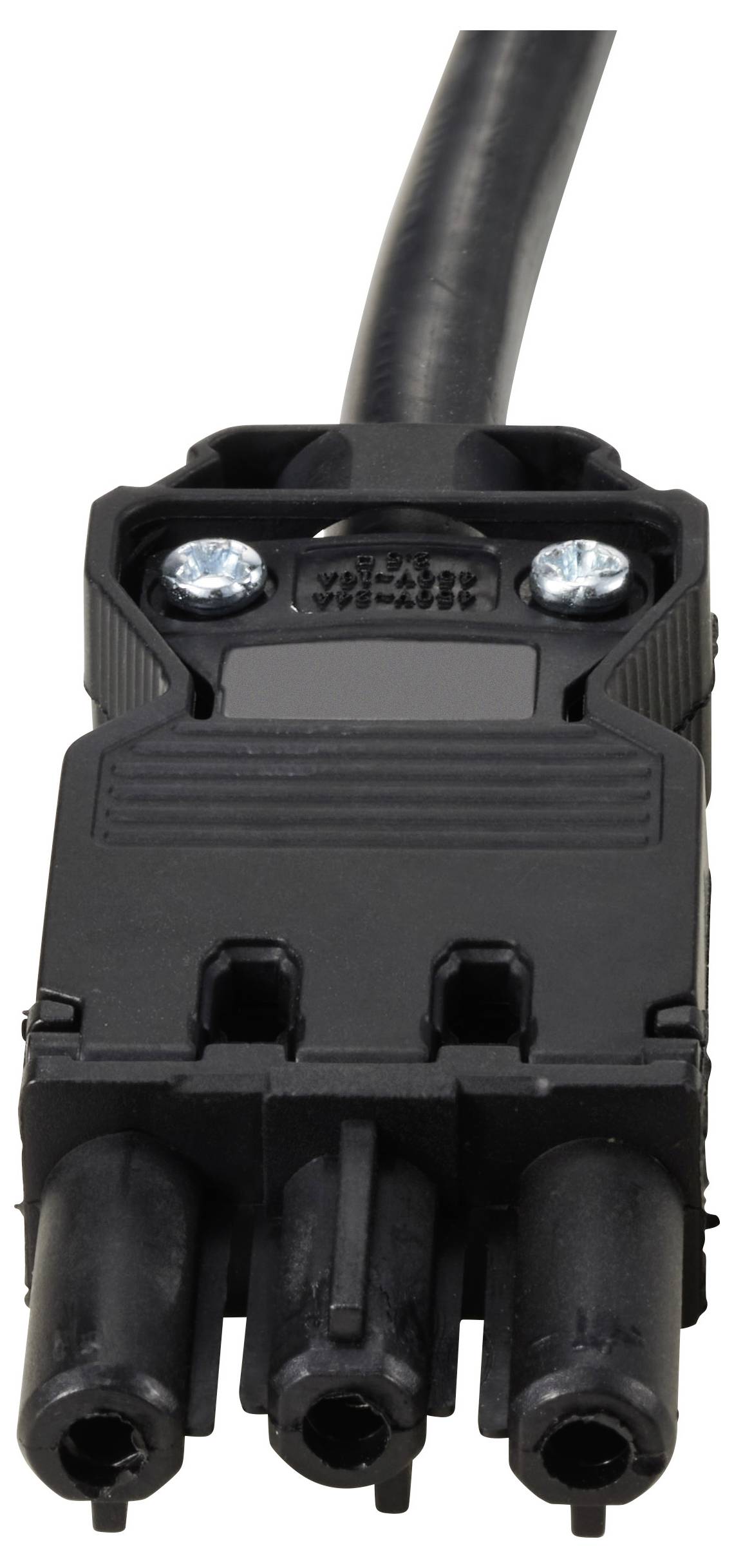 Czarny trójbiegunowy złącze elektryczne z przewodem, zamontowany za pomocą śrub. Odpowiedni do zastosowań elektrotechnicznych.