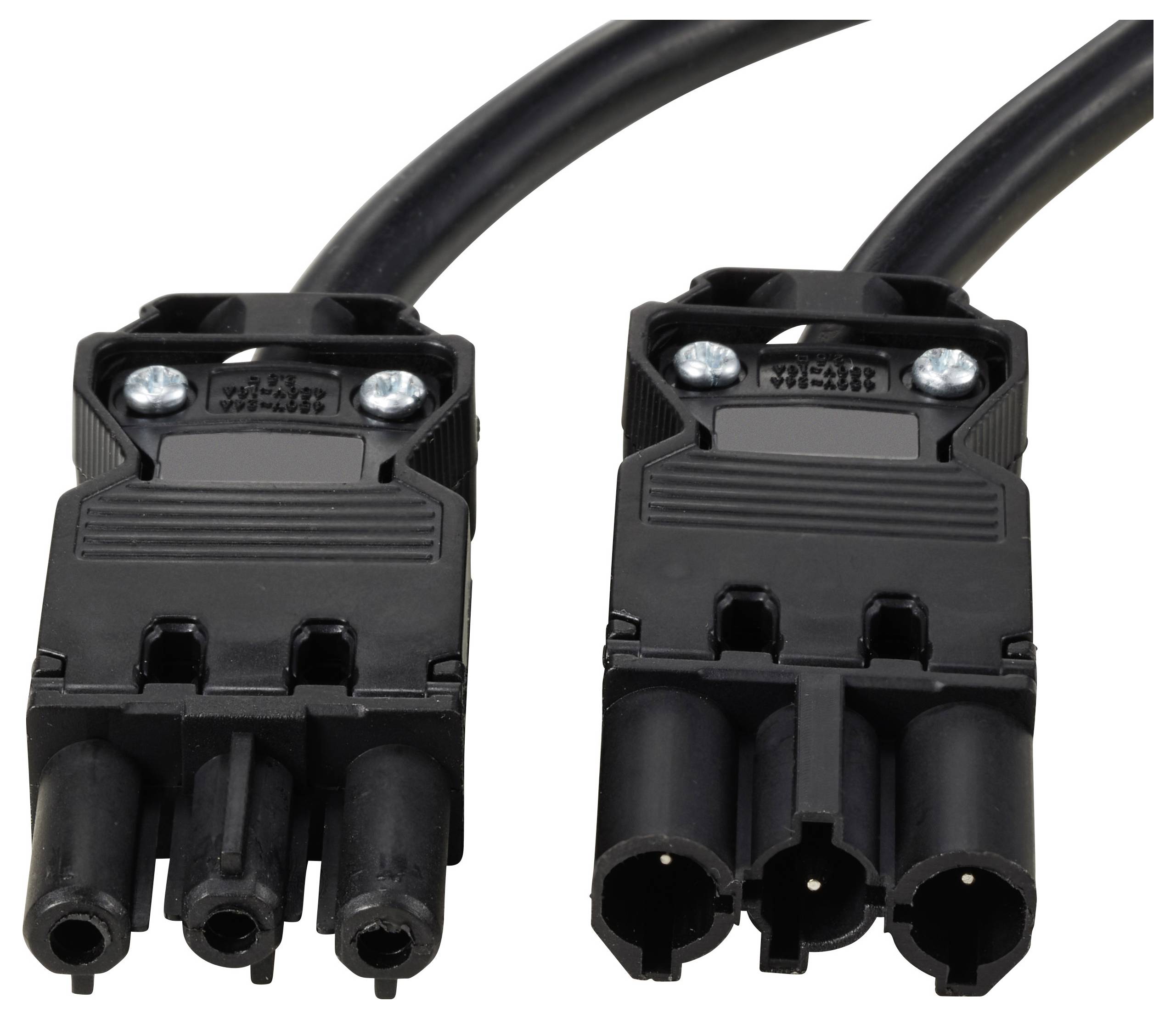 Dwa czarne złącza elektryczne z trzema stykami i śrubami na górze, ułożone równolegle na białym tle.