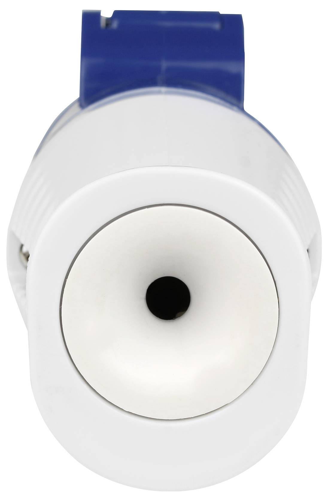 Okrągła temperówka z białą obudową i niebieskim wierzchem, widziana od przodu.