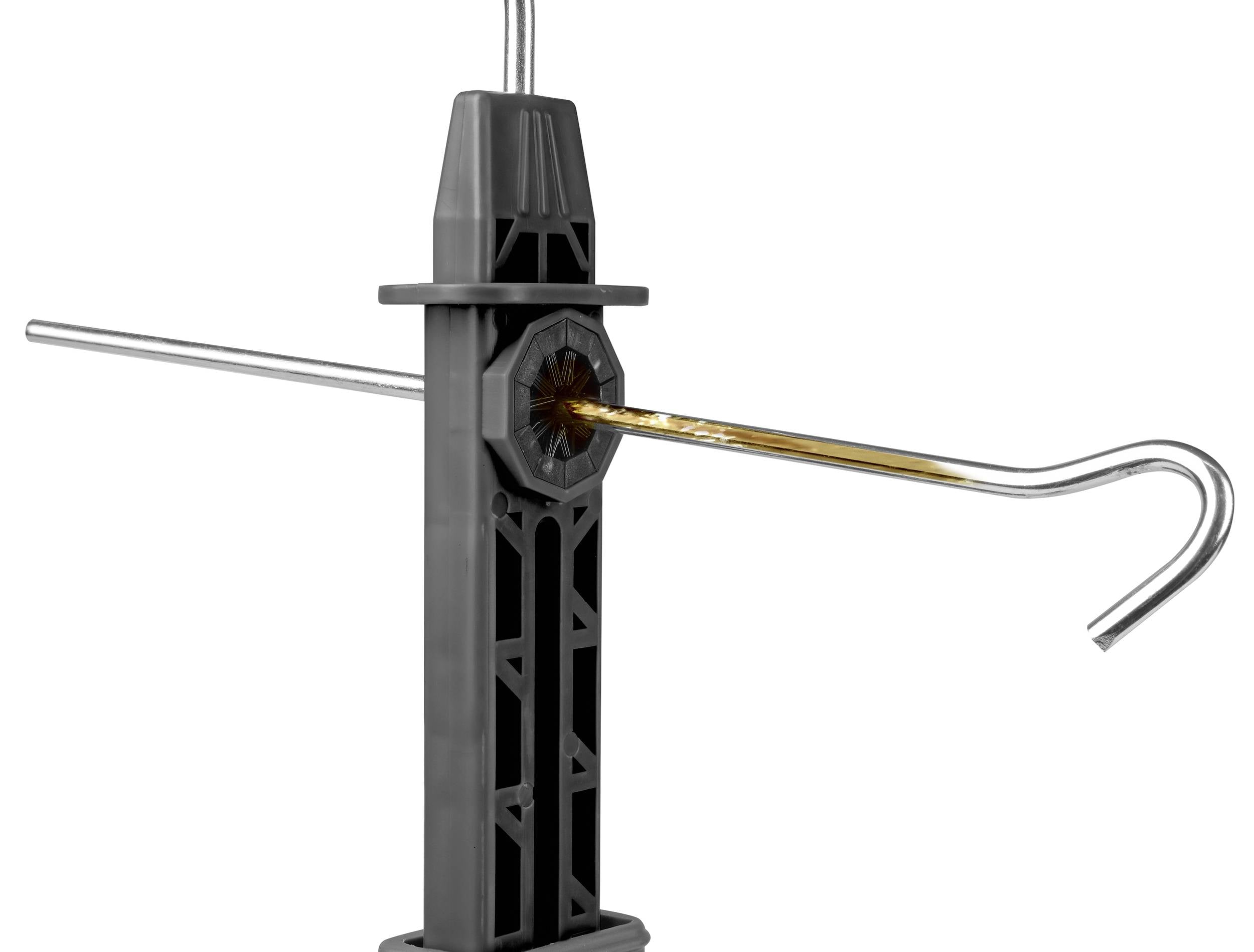 Szara plastikowa podstawa z metalowymi hakami i długim prętem, prawdopodobnie używana w celach budowlanych lub konstrukcyjnych.