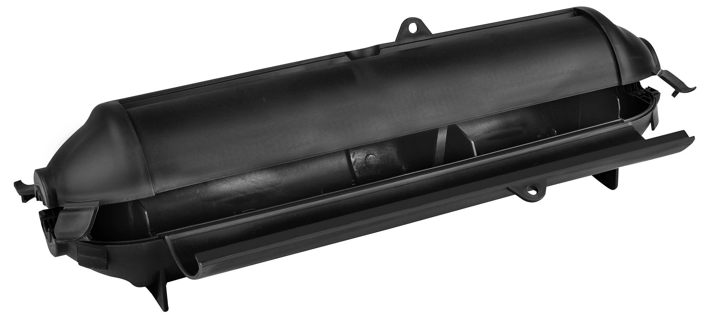 Czarny, podłużny pojemnik z tworzywa sztucznego z uchwytami.