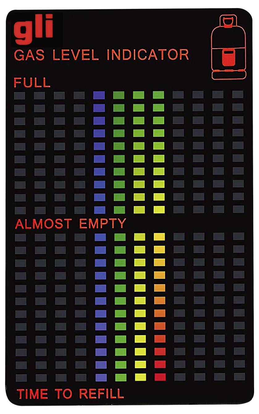 Wskaźnik poziomu gazu pokazuje stan napełnienia zbiornika gazowego za pomocą kolorowych pasków, od zielonego (pełny) do czerwonego (prawie pusty).