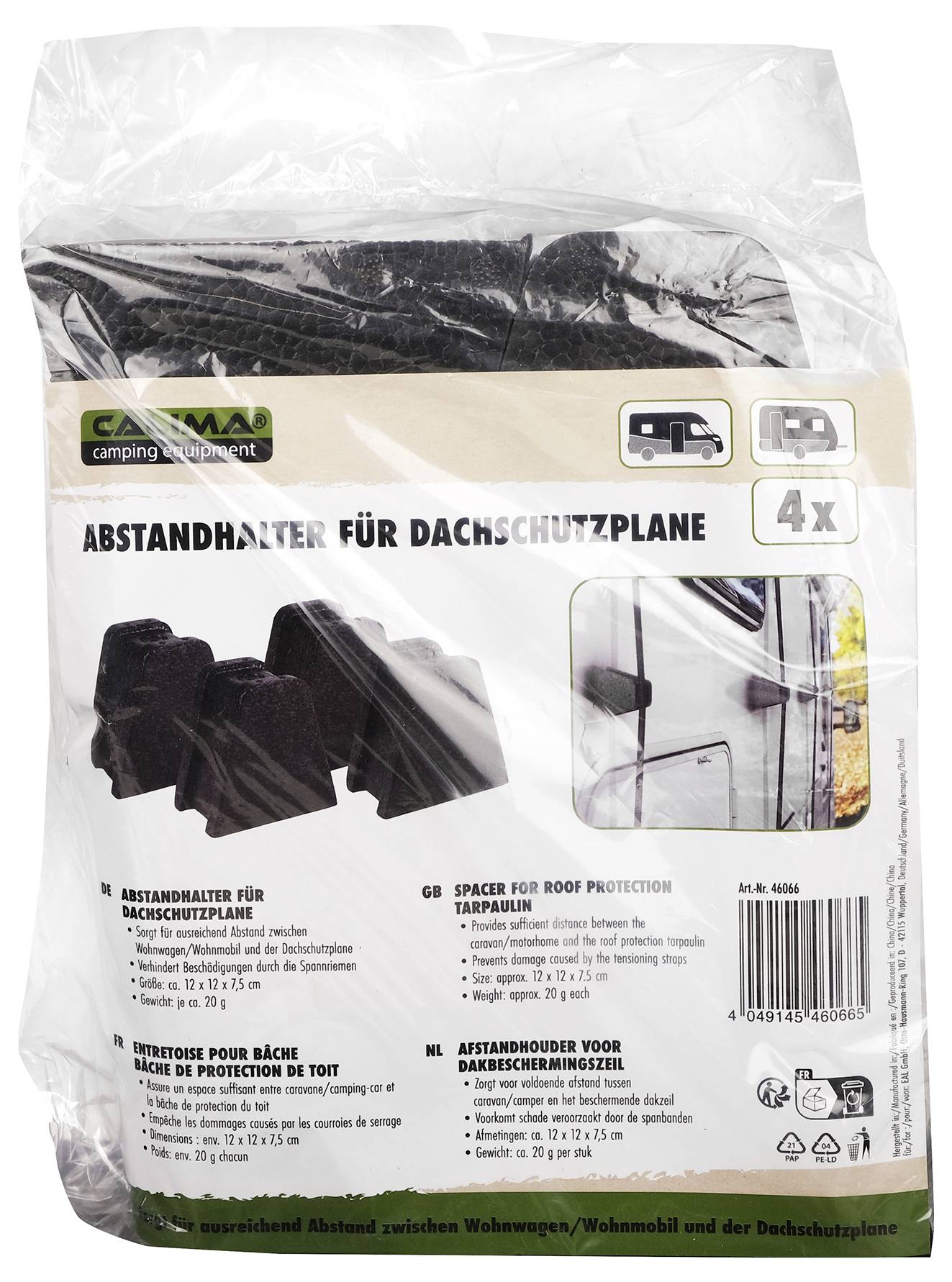 Zestaw czterech dystansów do mocowania plandek ochronnych dachu, przeznaczonych do przyczep kempingowych. Zawiera ilustracje produktu i opis w kilku językach.