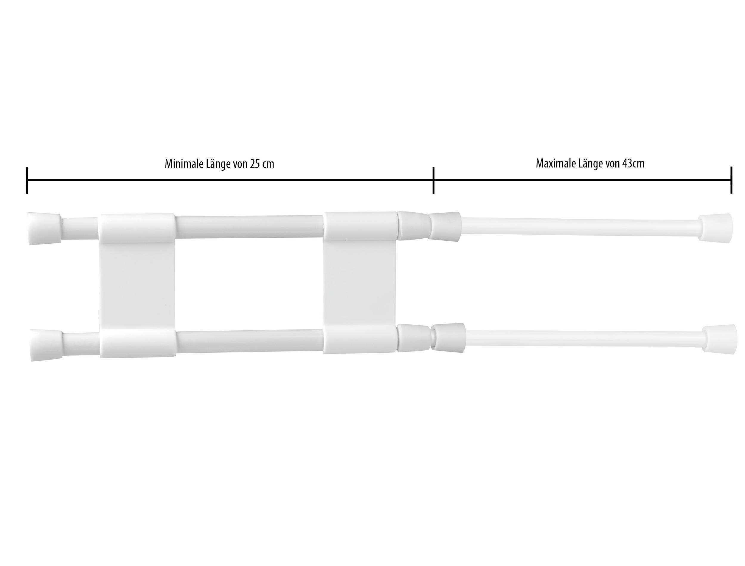 Białe drążki o regulowanej długości, o minimalnej długości 25 cm i maksymalnej długości 43 cm, połączone ze sobą za pomocą zawiasów.