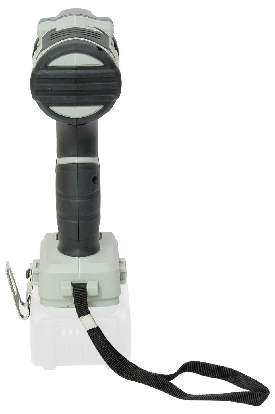 Wkrętarka akumulatorowa widziana z boku, stojąca pionowo, z czarnym uchwytem, srebrnymi elementami i przymocowaną pętlą do przenoszenia.