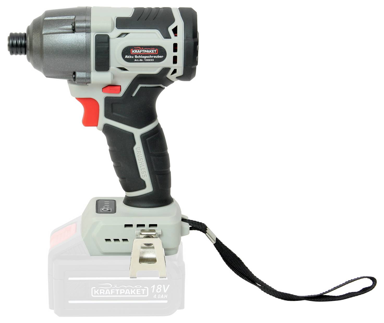 Wkrętarka akumulatorowa w szaro-czarnej obudowie, z czerwonym przyciskiem i czarną opaską na nadgarstek. Akumulator znajduje się u dołu.