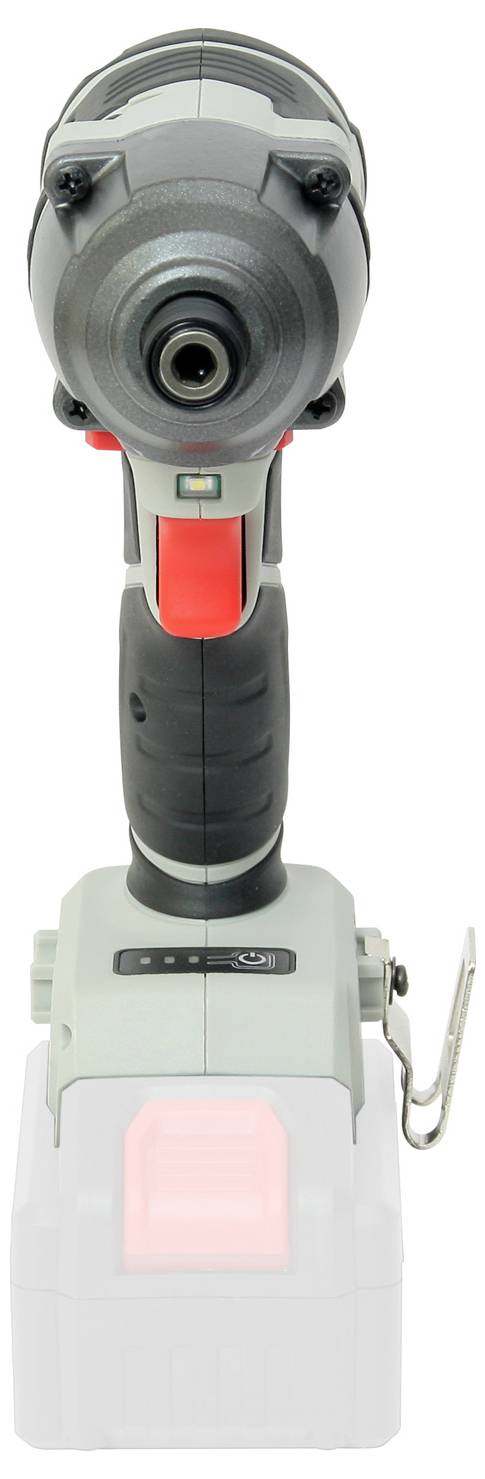 Akumulatorowy wkrętak widziany od przodu, ukazujący wiertło i uchwyt z komorą bateryjną u dołu, odpowiedni do prac rzemieślniczych.